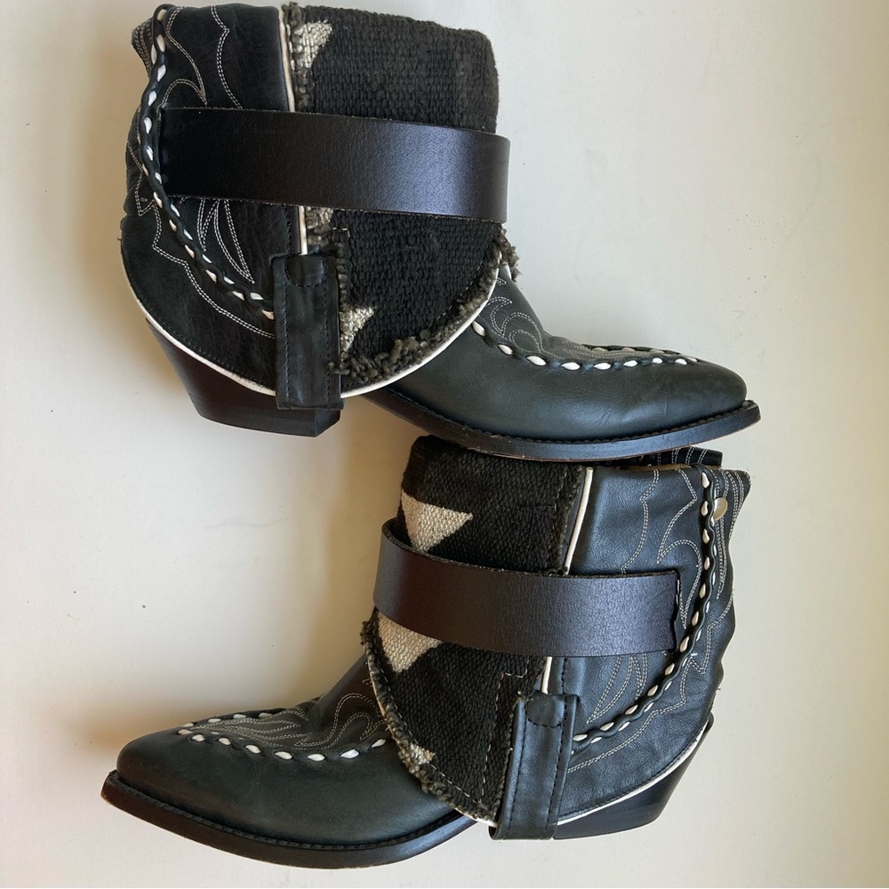 Canty Dan Post Black Leather & Textile Boho Short Ankle Western Cowboy Boots 7.5 - Picture 7 of 16